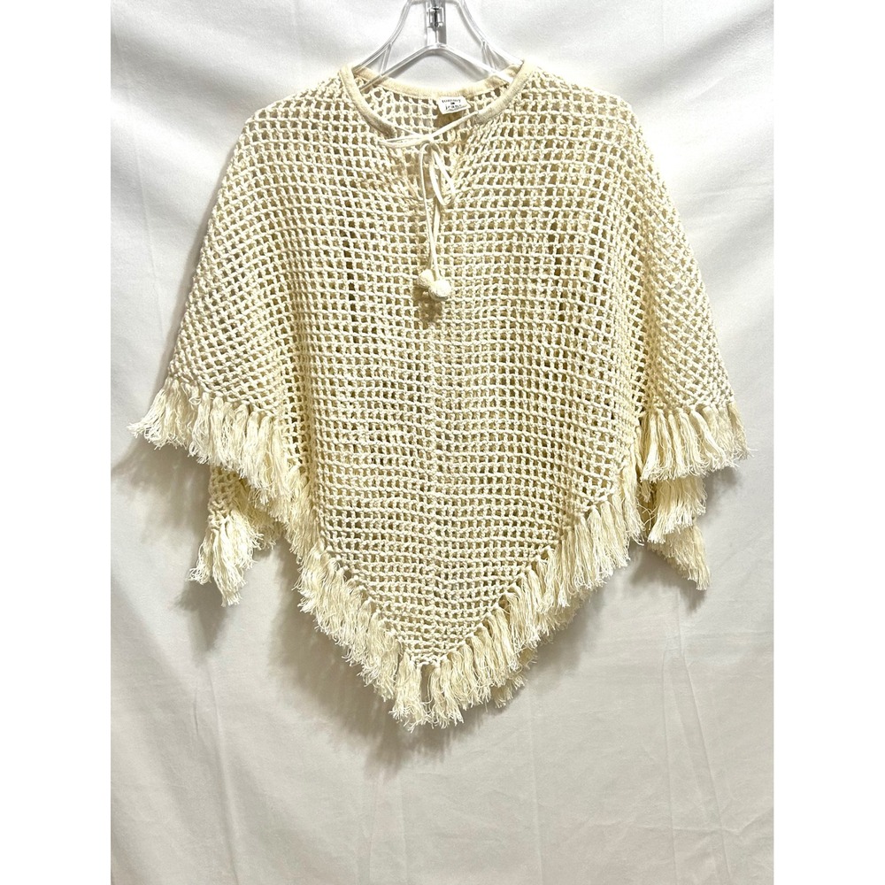 Vintage Tommy Jeans Ivory Crochet Knit Fringe Poncho One Size Ramie Cotton Blend